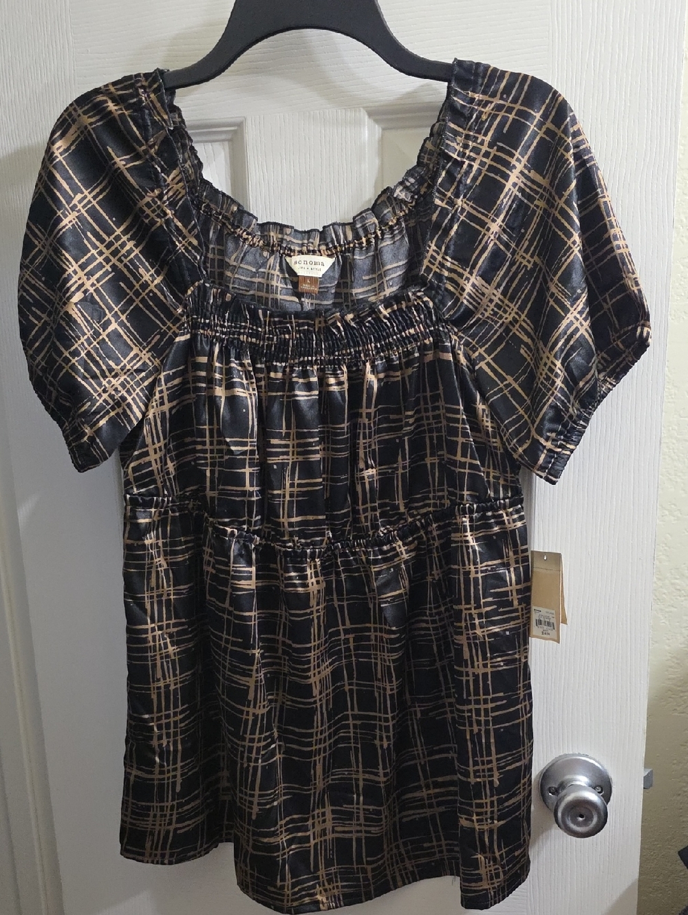 Sonoma Black Plaid Short-Sleeve Square-Neck Blouse Size L